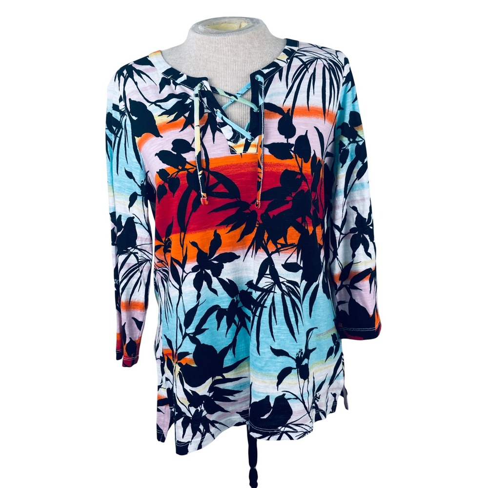 Chicos Women Size 1 Tropical Sunset Slub Knit Lace Up 3/4 Sleeve Cotton Top